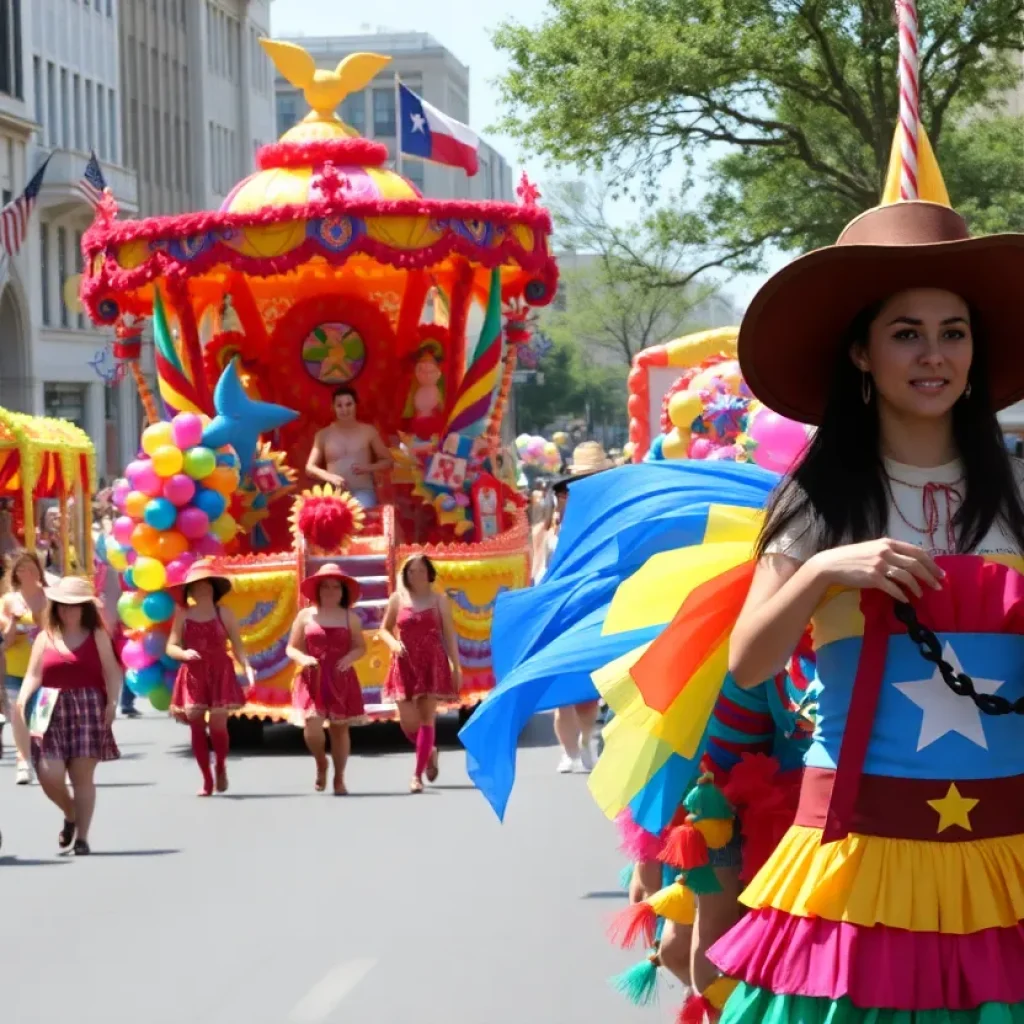 Floats and participants at the 134th Battle of Flowers Parade in San Antonio