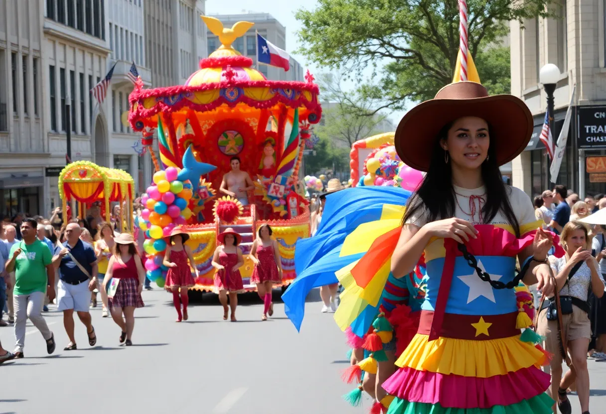 Floats and participants at the 134th Battle of Flowers Parade in San Antonio