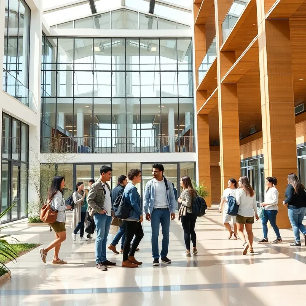 Students collaborating in front of a modern law center.