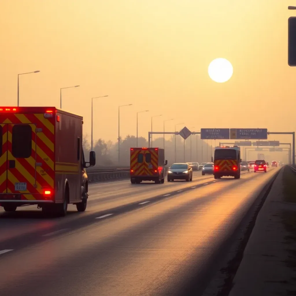 Traffic accident scene on Interstate 35 with emergency vehicles