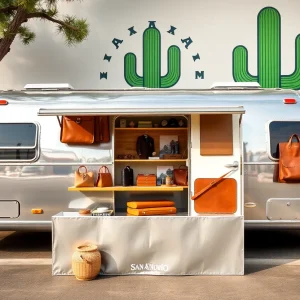 Vintage Airstream trailer displaying luxury leather goods with a cactus logo