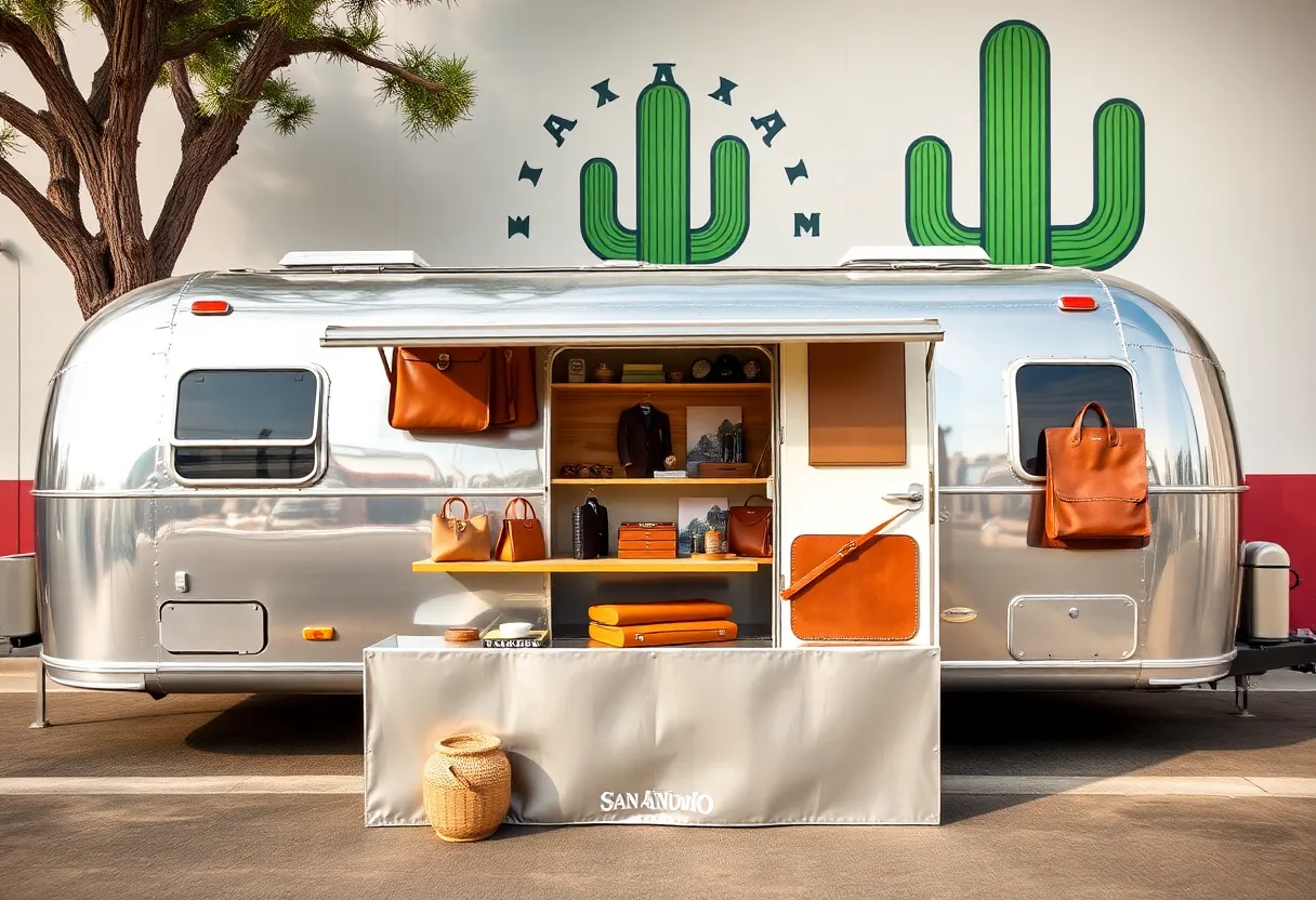 Vintage Airstream trailer displaying luxury leather goods with a cactus logo