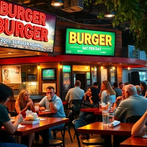 Customers enjoying burgers and live music at Chris Madrid's Burger Joint