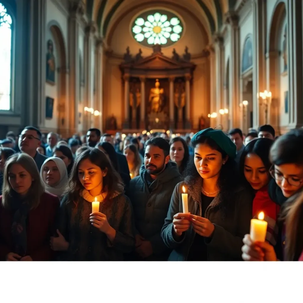 Community members gathered in a cathedral mourning the loss of Pope Francis