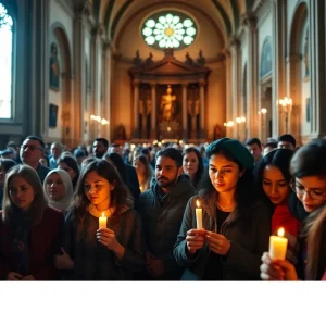 Community members gathered in a cathedral mourning the loss of Pope Francis