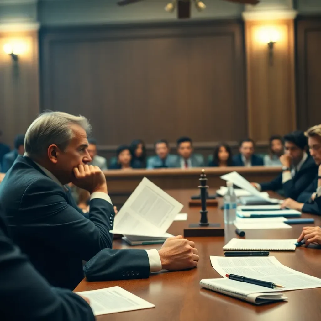 A jury deliberating in a tense courtroom setting during a murder trial.