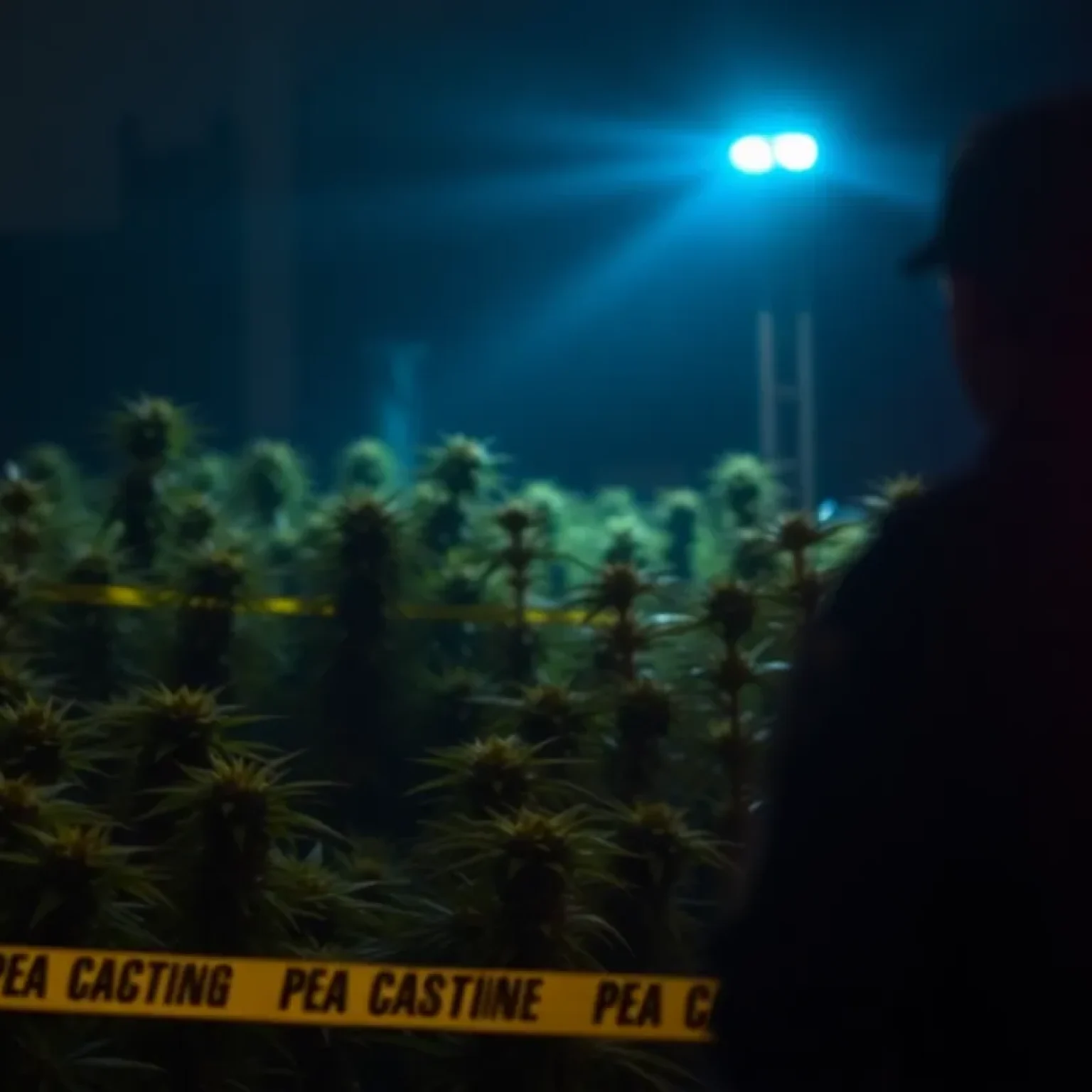 Police lights at a crime scene related to DEA impersonation and marijuana theft