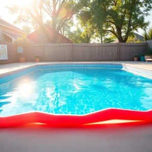 Backyard pool with safety measures during summer.