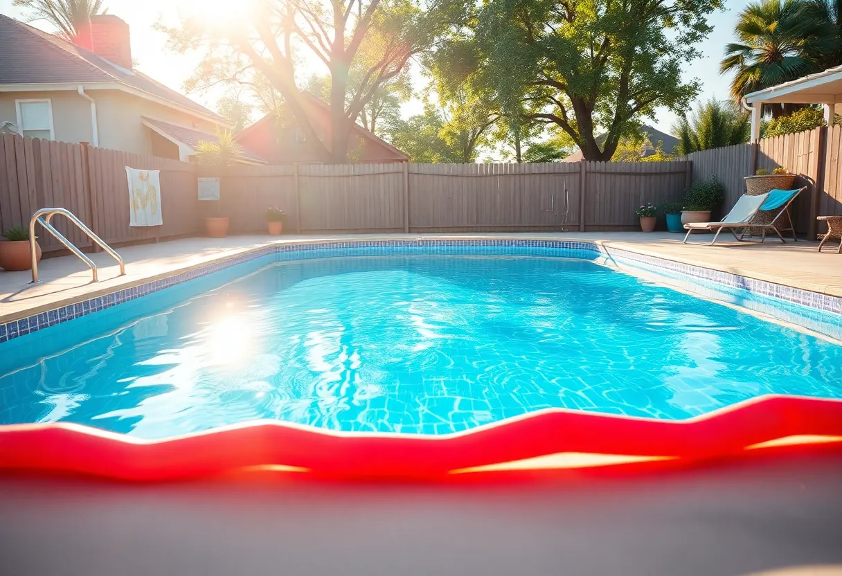 Backyard pool with safety measures during summer.
