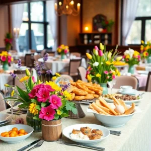 Families celebrating Easter brunch in San Antonio with colorful decorations and delicious food.