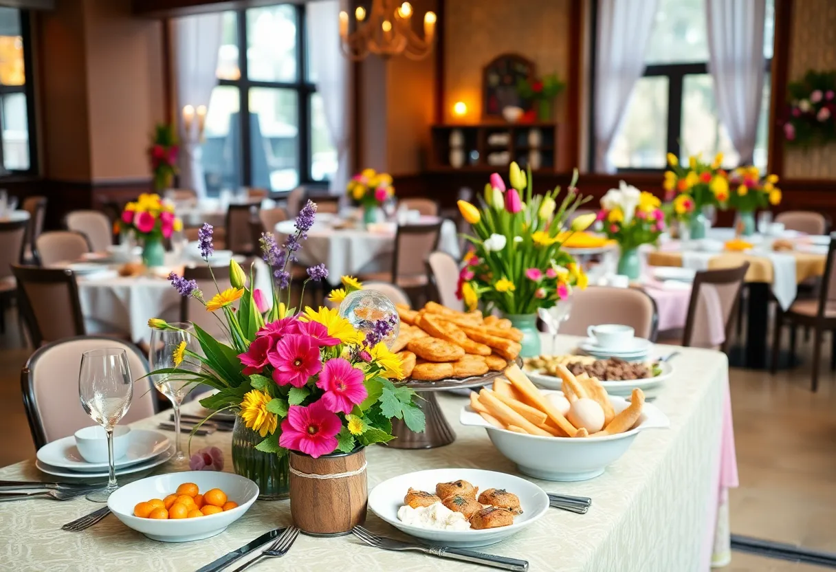 Families celebrating Easter brunch in San Antonio with colorful decorations and delicious food.