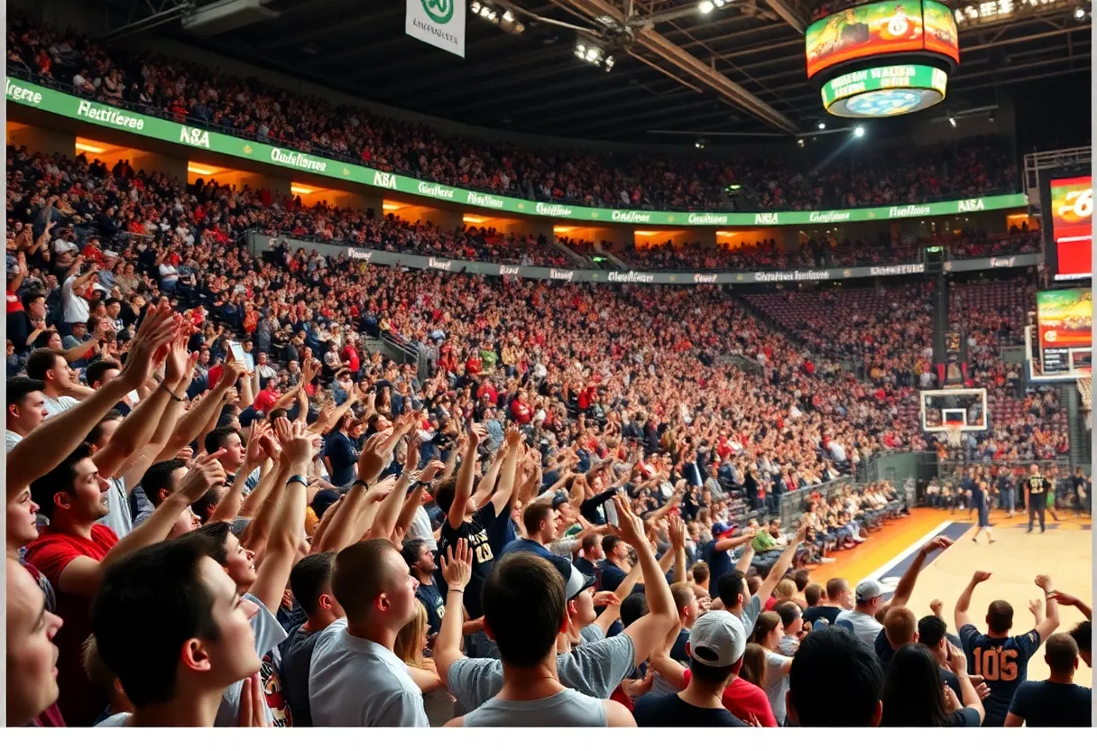 Fans celebrating in a sports arena for Bill Schoening's retirement.