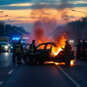 A car engulfed in flames at the scene of a traffic accident