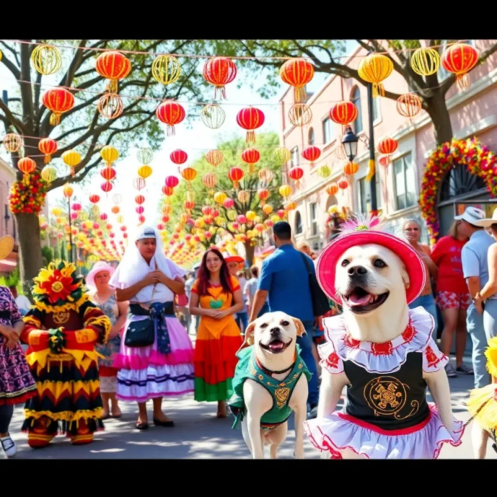 Pets celebrating Fiesta 2025 with colorful costumes and decorations