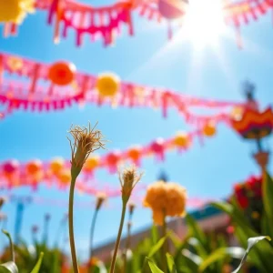 Festive decorations for Fiesta under a bright sun highlighting dry conditions