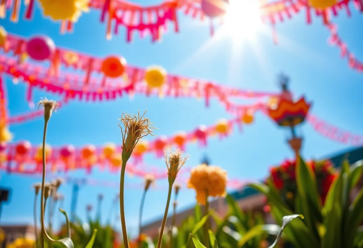 Festive decorations for Fiesta under a bright sun highlighting dry conditions