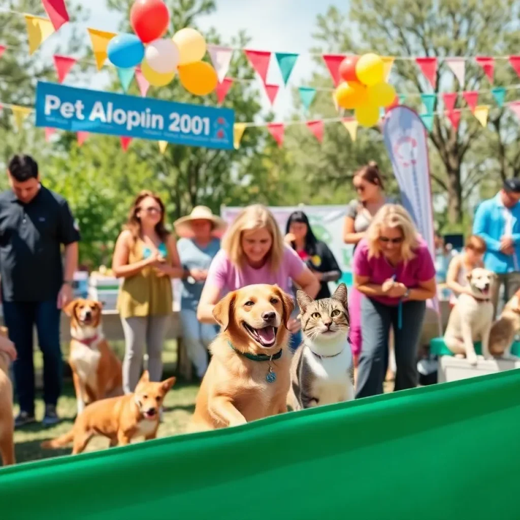 Families celebrating at the Fiesta Furr-ever adoption event with pets.