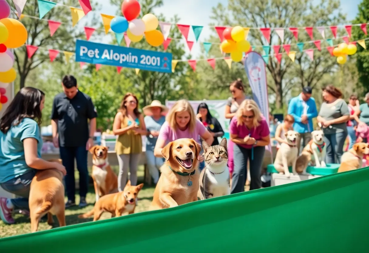 Families celebrating at the Fiesta Furr-ever adoption event with pets.