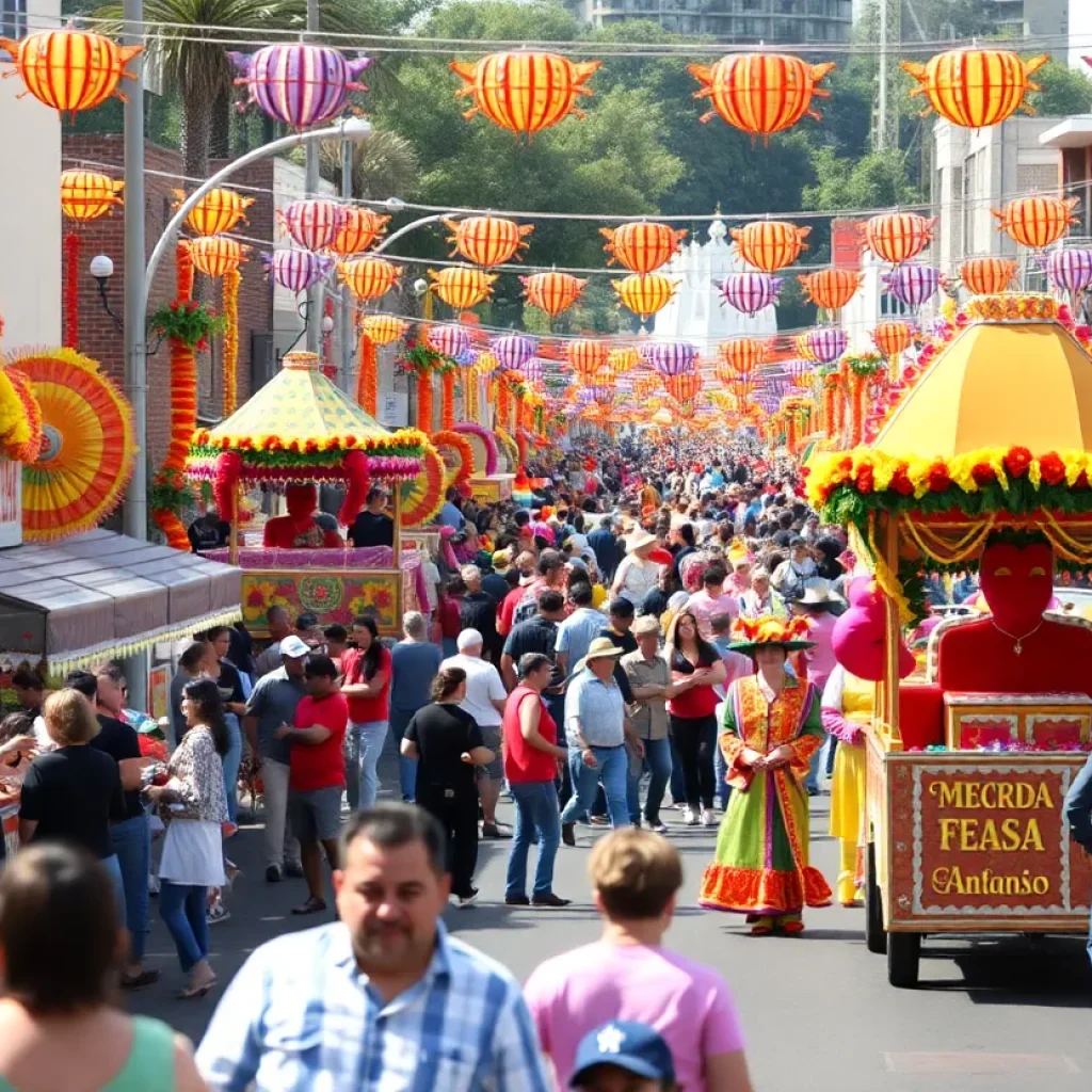 Crowds enjoying the vibrant Fiesta San Antonio festival filled with music and decorations.