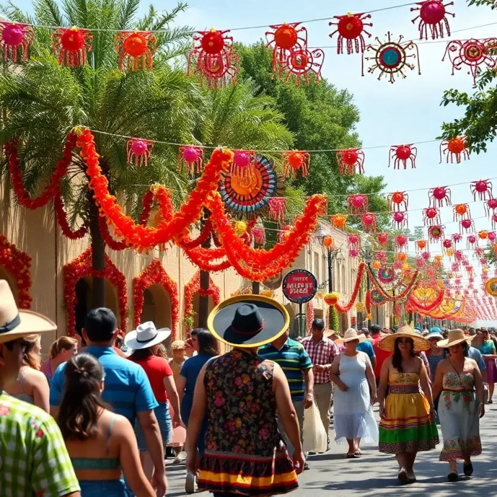 Festive atmosphere of Fiesta weekend in San Antonio with colorful decorations and people enjoying the celebrations.