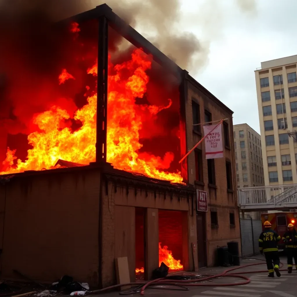 Firefighters combating flames in an abandoned building in downtown San Antonio.