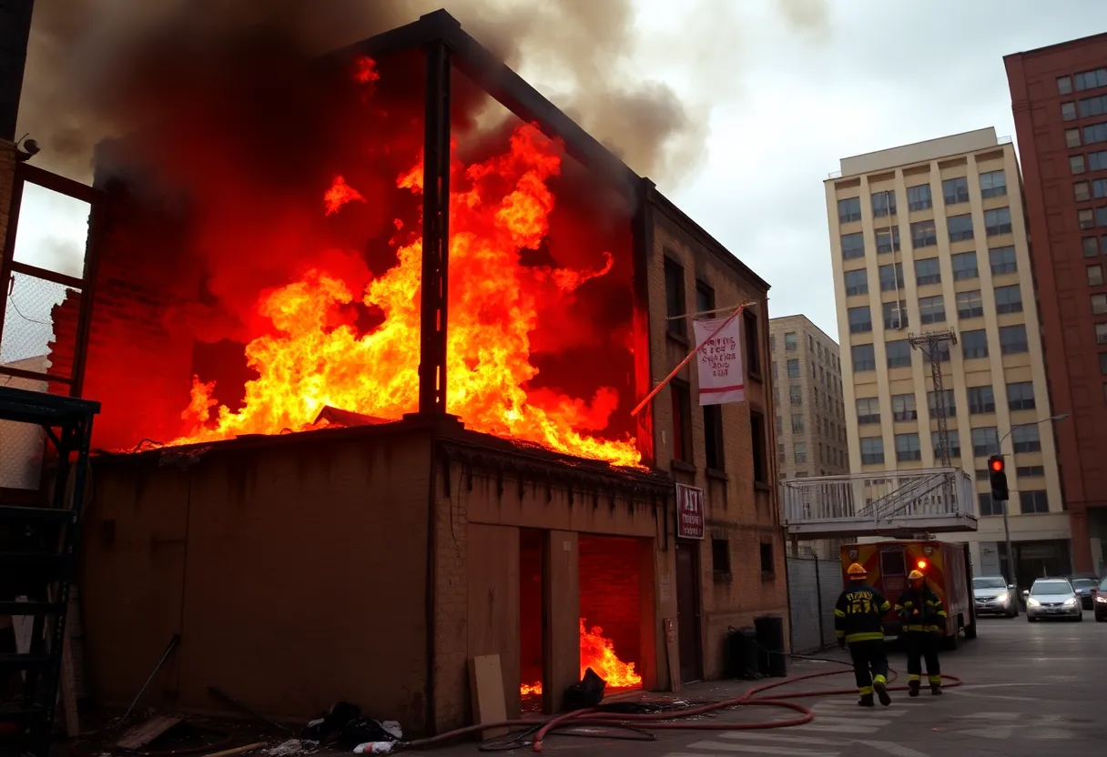Firefighters combating flames in an abandoned building in downtown San Antonio.