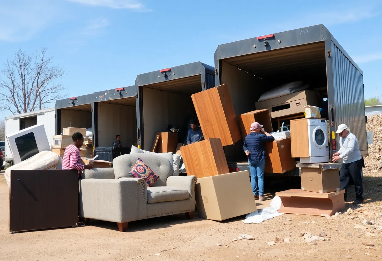Residents participating in San Antonio's Free Landfill Day by unloading large items at a landfill.