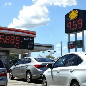 Cars at a gas station in San Antonio showing rising gas prices