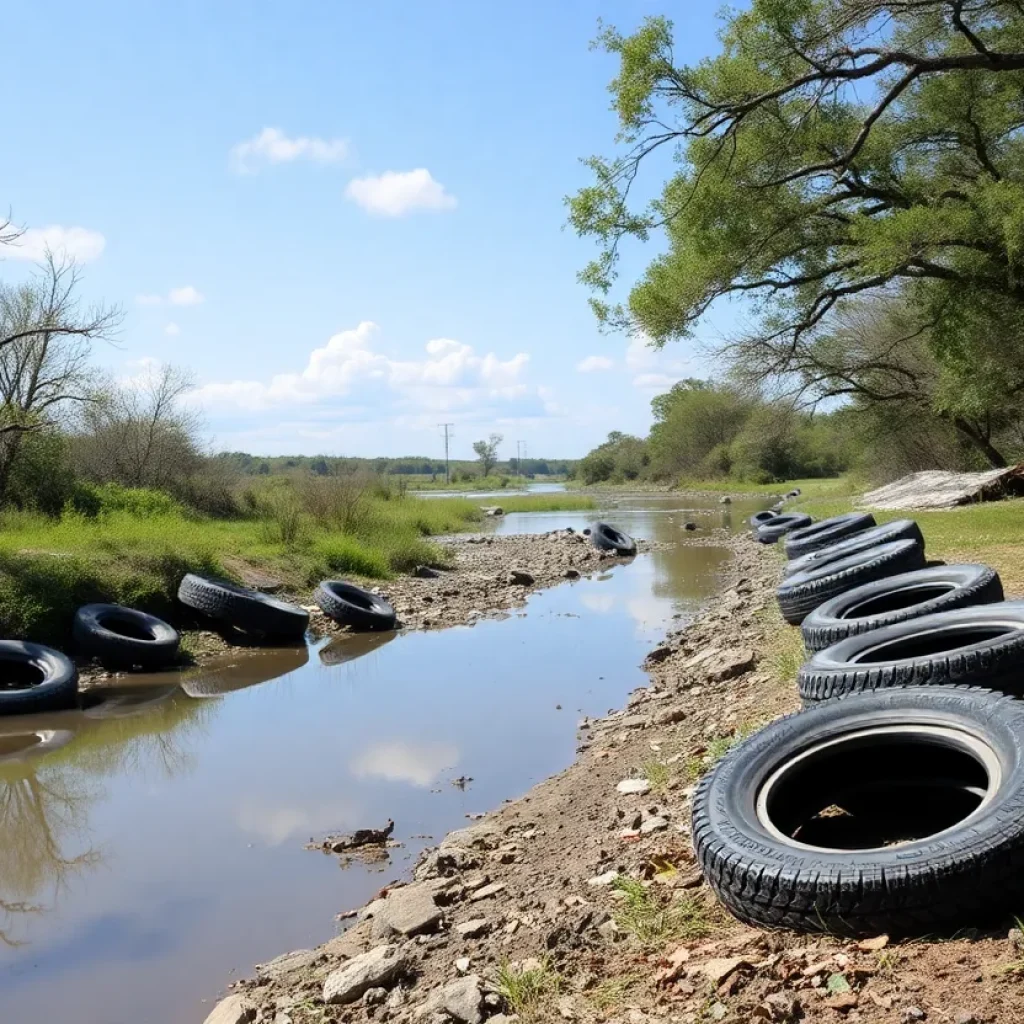 Discarded tires along a waterway in Bexar County