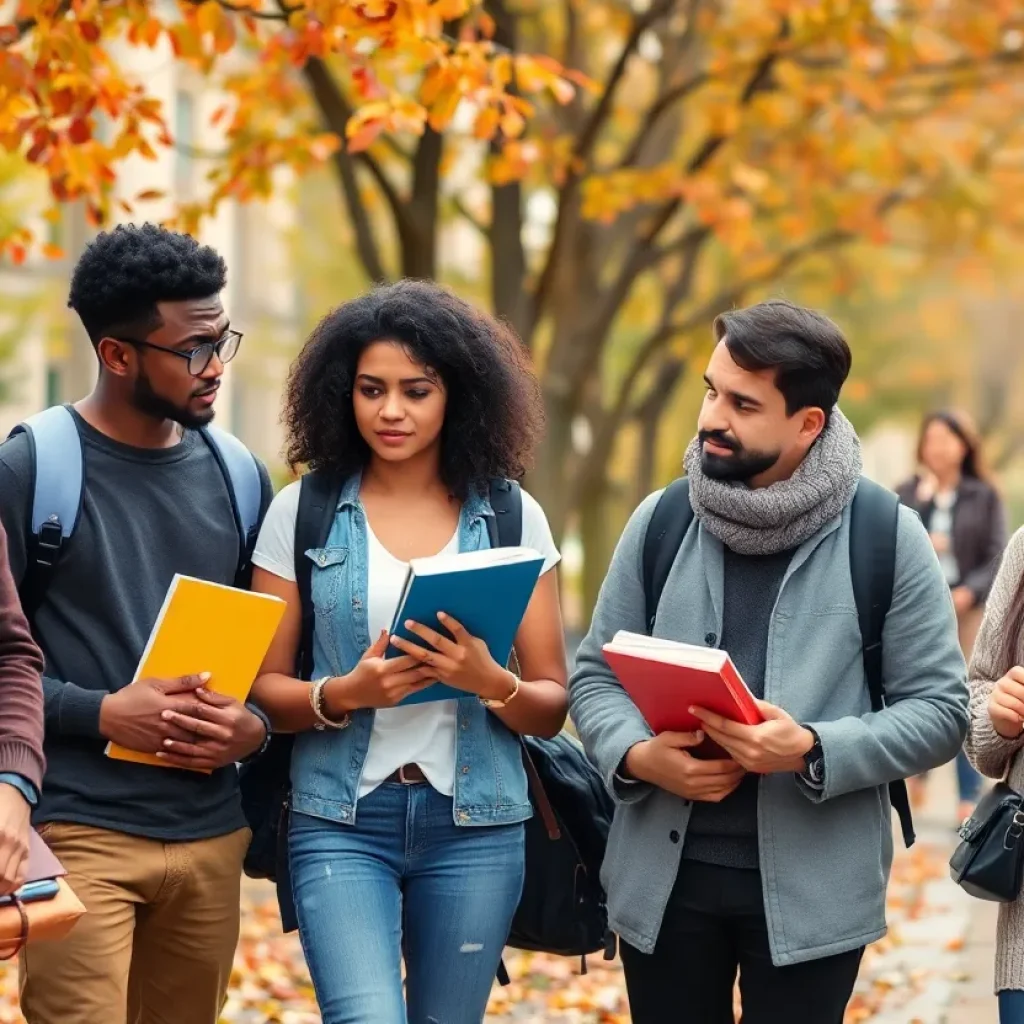A group of international students on a college campus looking concerned about their visa statuses.
