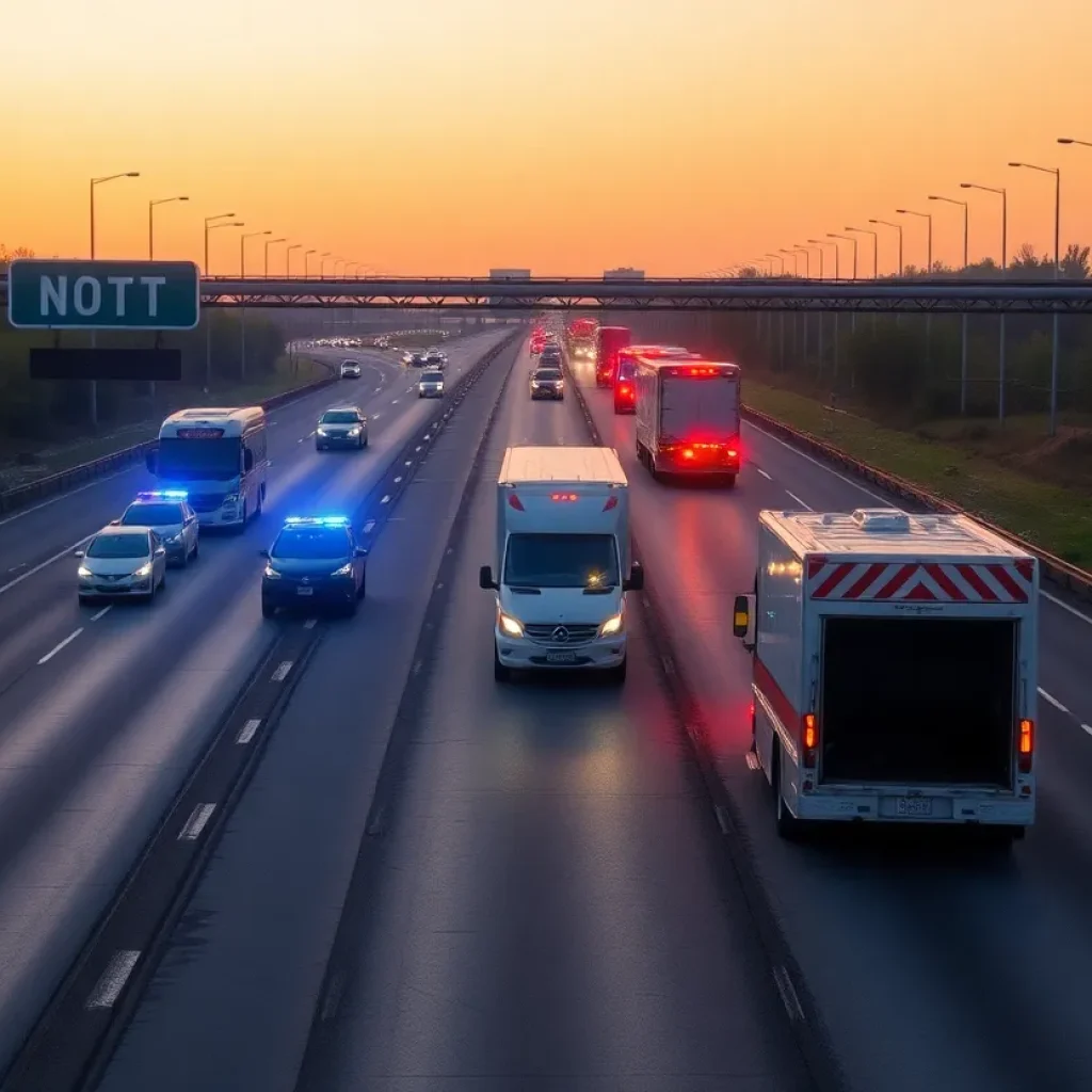 Emergency vehicles on Interstate 35 at dawn