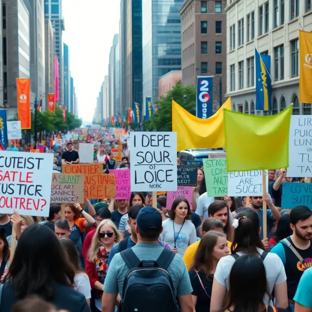 Participants marching with signs during the March for Equality in San Antonio.