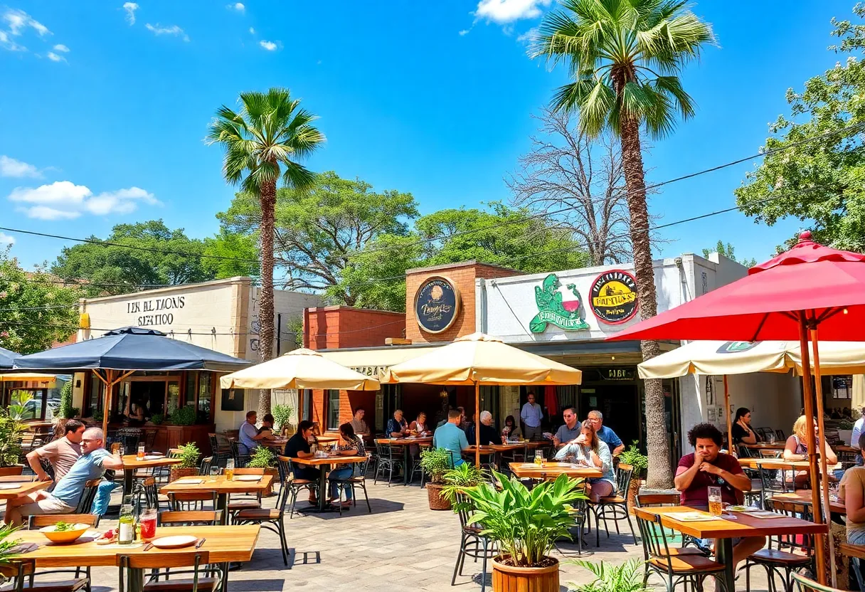 Outdoor dining scene featuring diverse food options in San Antonio
