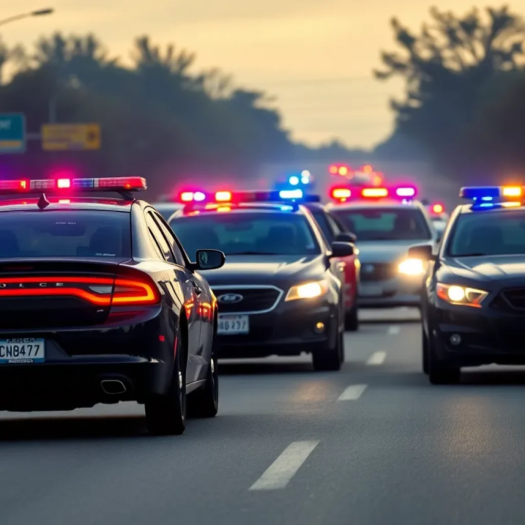High-speed police chase involving multiple vehicles.