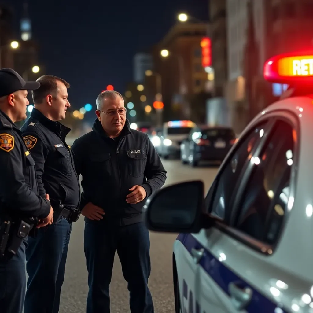Police officers interacting with a community member in San Antonio at night.