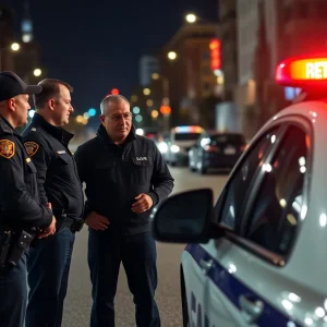 Police officers interacting with a community member in San Antonio at night.