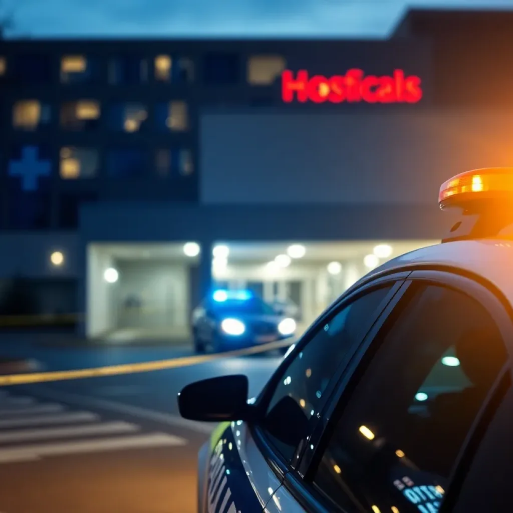 Police car outside hospital during crime investigation