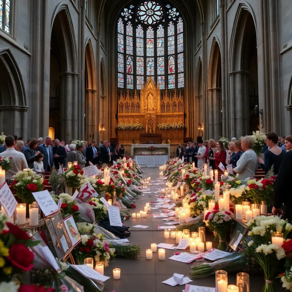 Community memorial for Pope Francis with candles and flowers