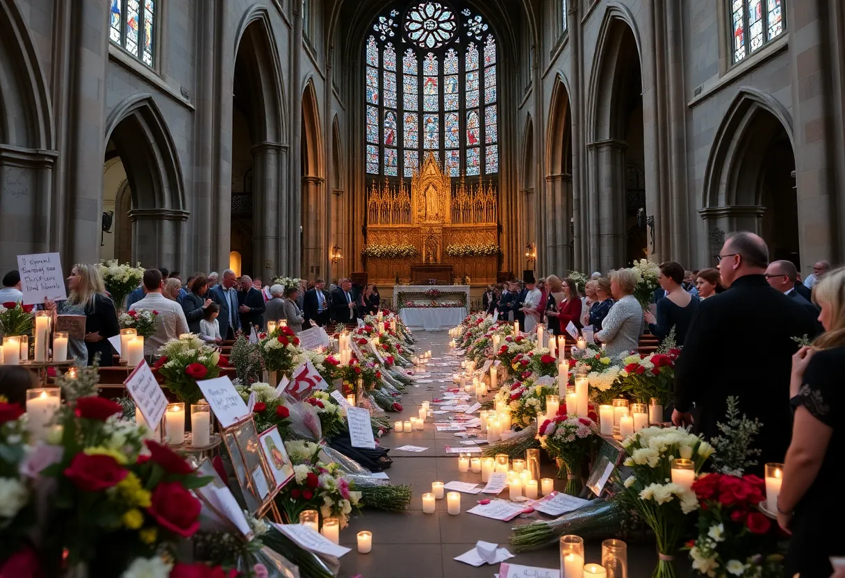 Community memorial for Pope Francis with candles and flowers