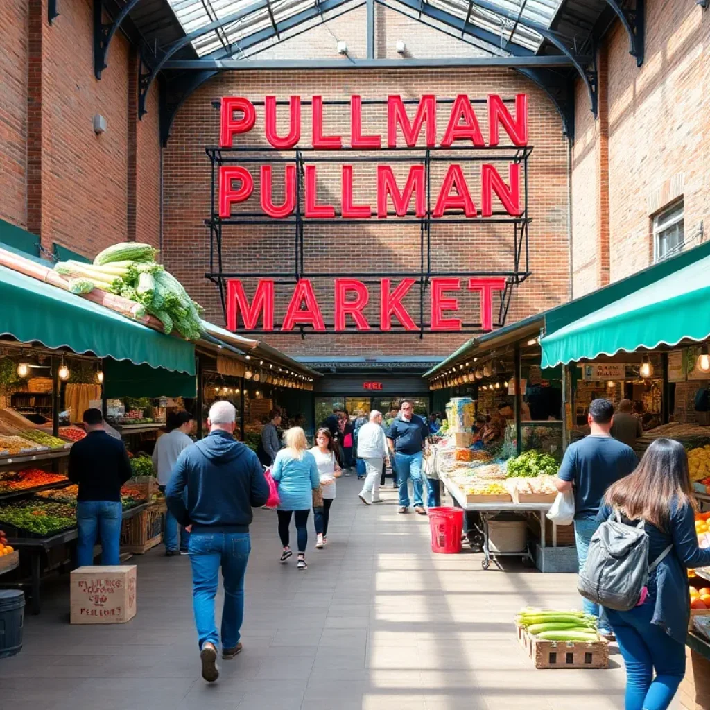 A lively scene at Pullman Market during its anniversary, featuring food stalls and community engagement.
