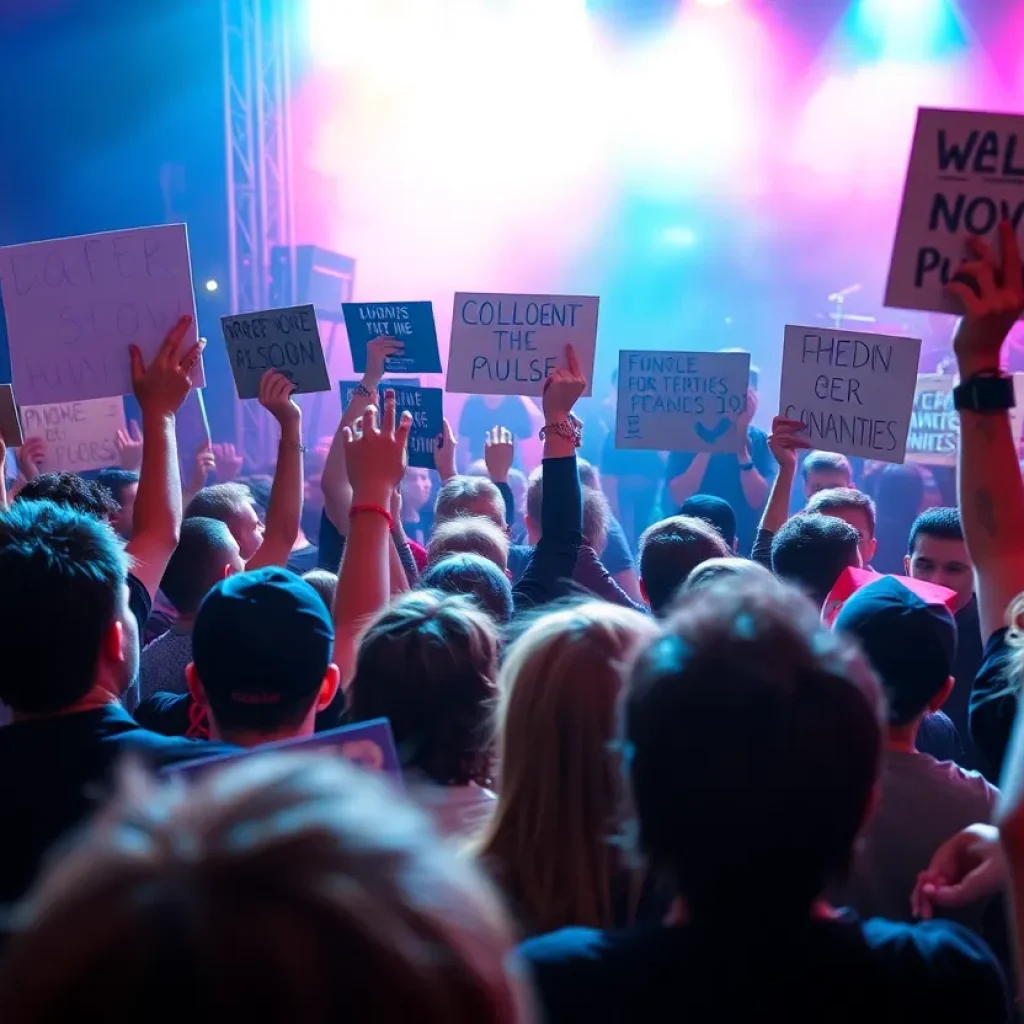 Crowd at a punk concert in San Antonio with protest signs