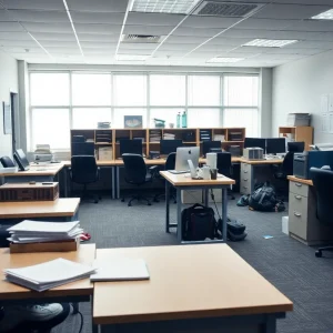 Empty desks and belongings at RAICES after layoffs