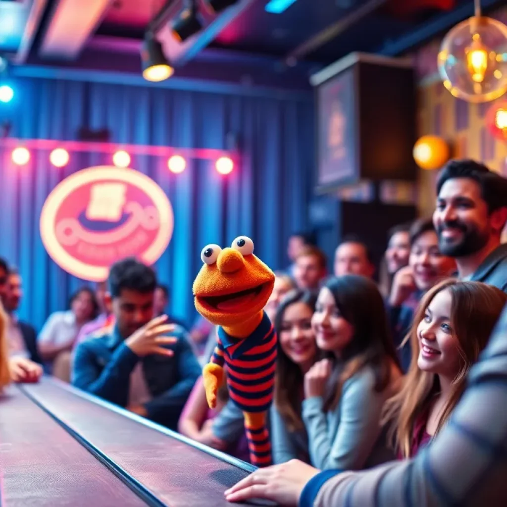 Puppet comedian Randy Feltface entertaining an audience in San Antonio's Laugh Out Loud Comedy Club