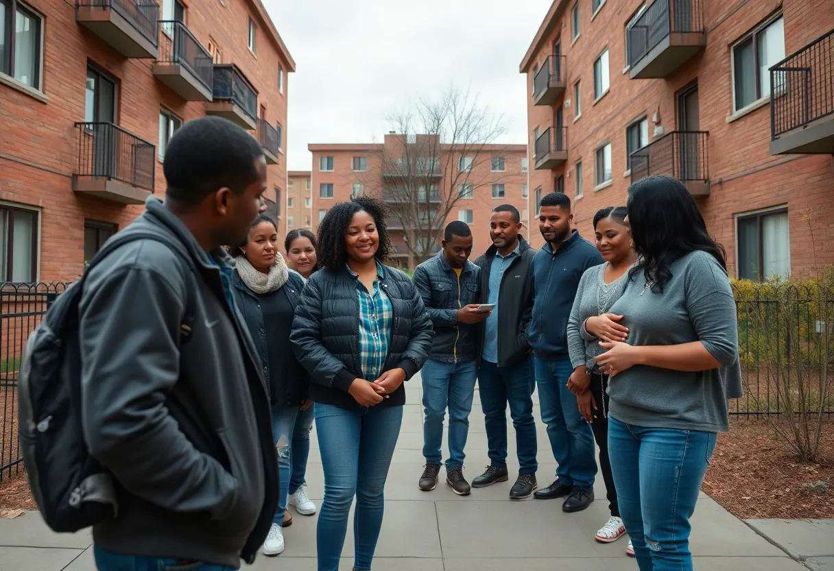 Community members gathering at an apartment complex in San Antonio.