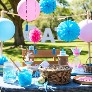 Joyful couple celebrating a unique baby gender reveal with a fishing hook theme.