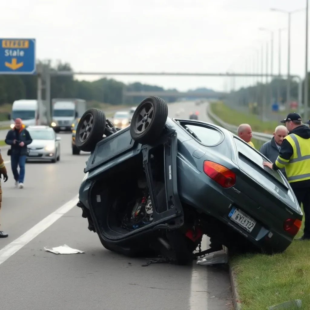 A flipped car on a highway with emergency responders assisting.