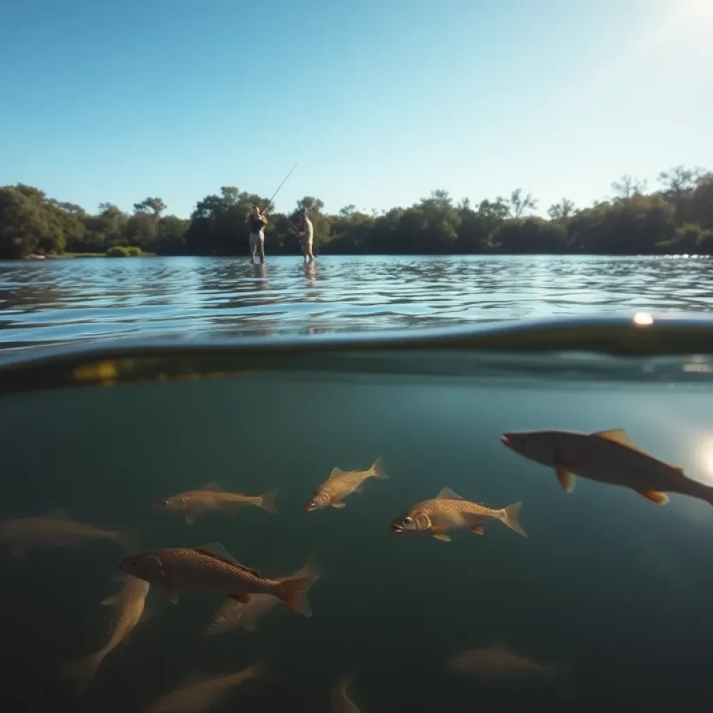 Anglers fishing in a San Antonio lake, targeting catfish.