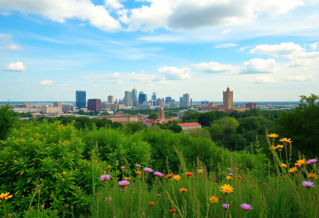 A cool spring day in San Antonio with clear skies and blooming wildflowers.