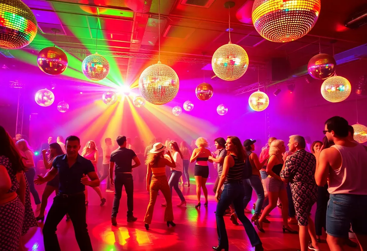 People dancing on a disco floor with colorful lights and mirror balls in San Antonio.
