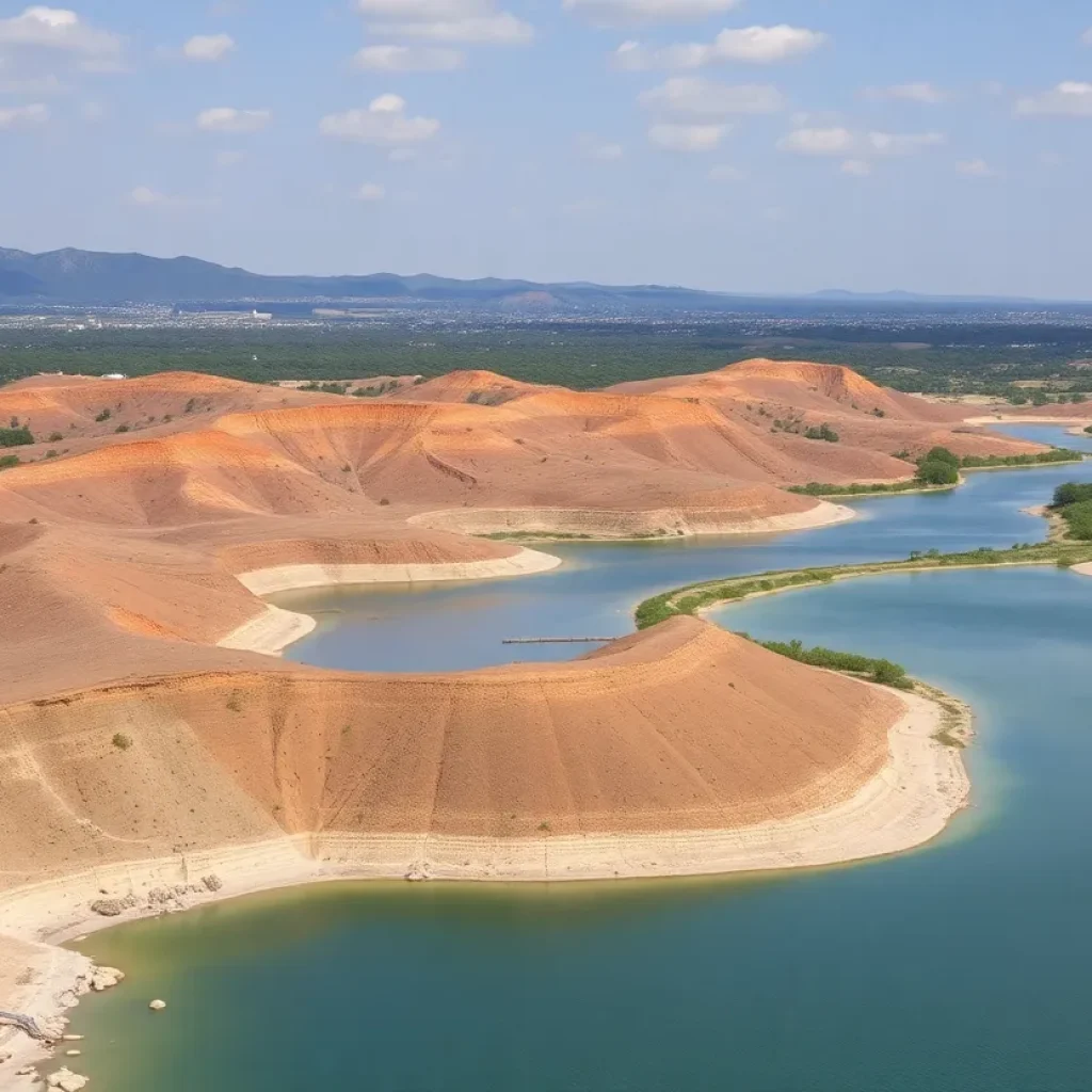 Drought-affected landscape in San Antonio depicting low water levels.